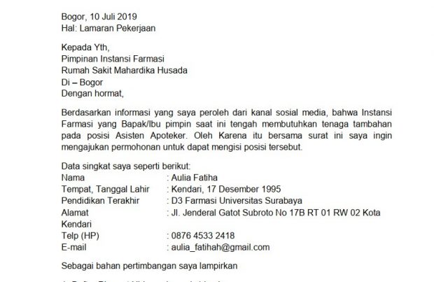 Contoh Surat Lamaran Pekerjaan Sebagai Asisten Apoteker