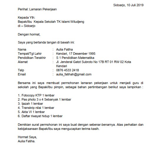 1. contoh surat lamaran kerja guru tk secara umum