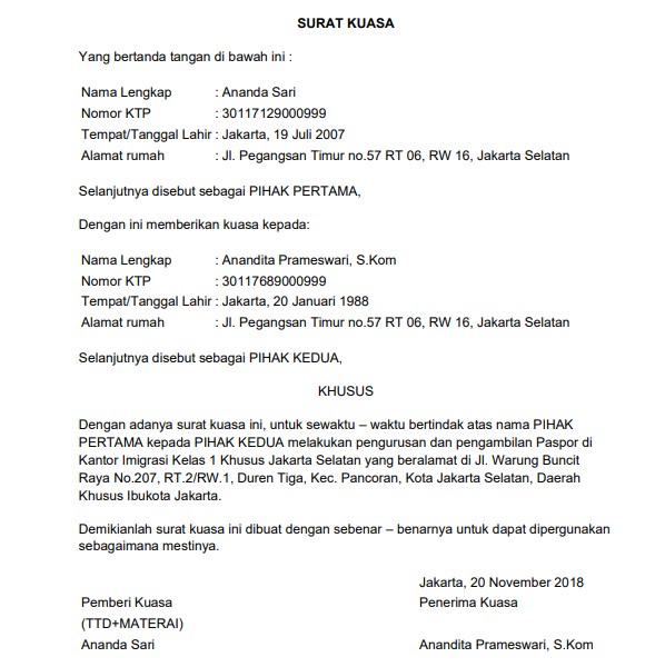 Download  3 Contoh Surat Kuasa Pengambilan Paspor Doc / Pdf