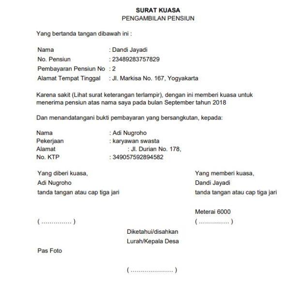 Contoh Format Surat Pernyataan Kuasa Pengambilan Gaji Pensiun Dokumen