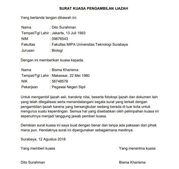 Download : 6 Contoh Surat Kuasa Pengambilan Ijazah Bentuk Doc / Pdf