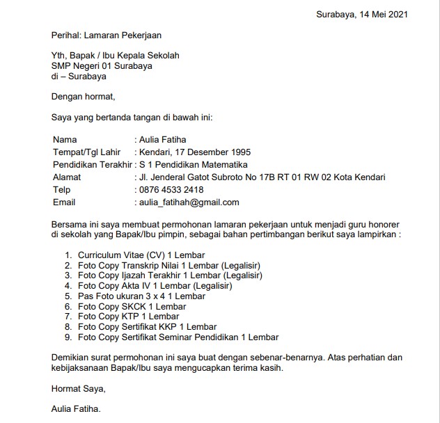 Download : 6 Contoh Surat Lamaran Kerja Guru SMP Doc / Pdf